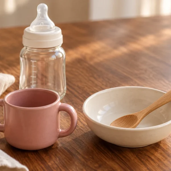 Empty glass feeding bottle beside a small rose-colored cup, cream bowl, and wooden spoon.