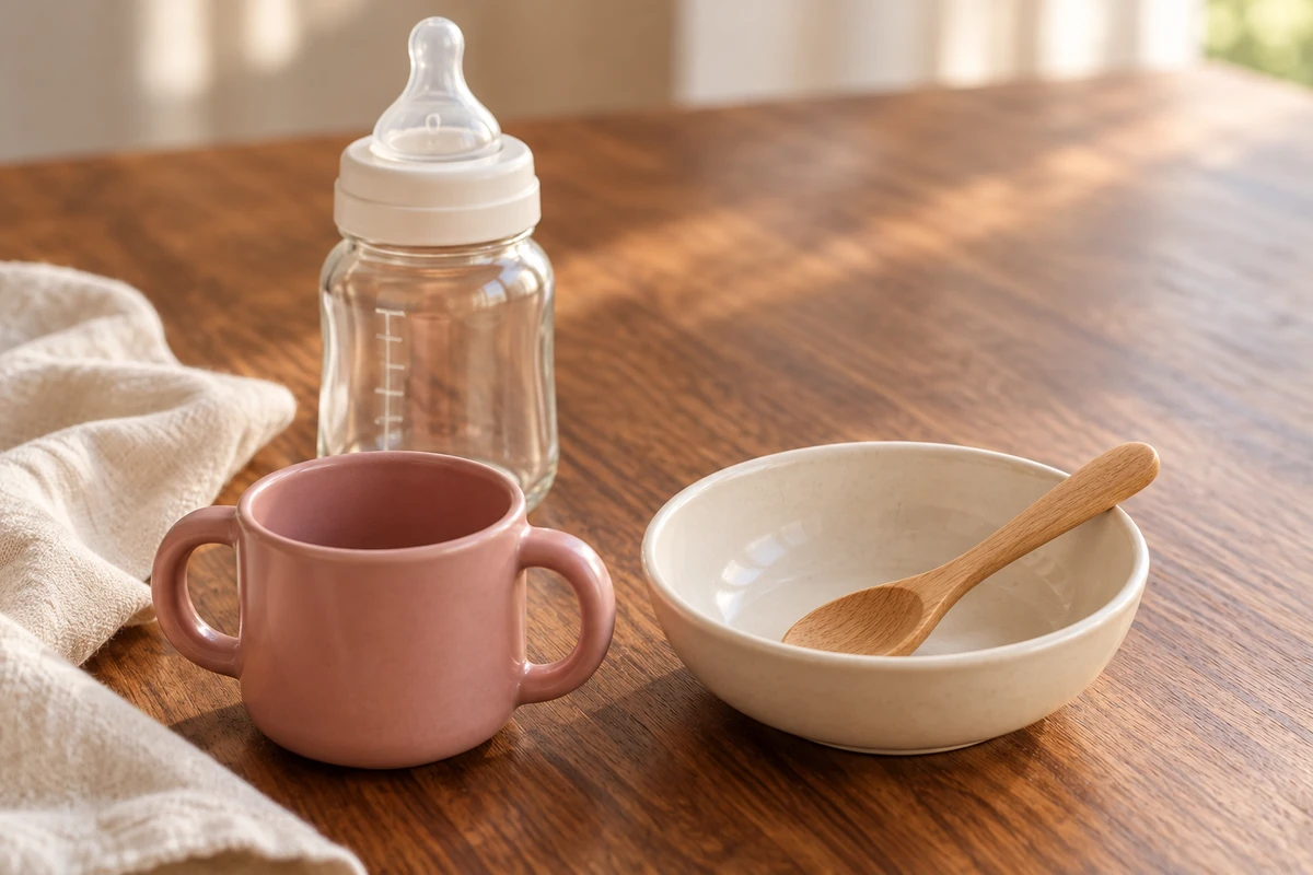 Empty glass feeding bottle beside a small rose-colored cup, cream bowl, and wooden spoon.