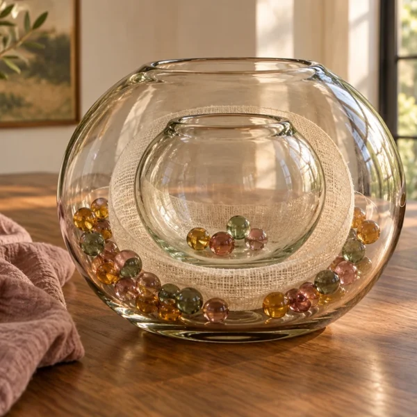 Nested translucent glass vessels separated by natural fiber with colored glass beads on both sides.