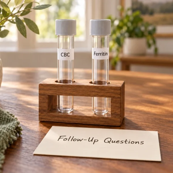 Two empty glass tubes labeled CBC and Ferritin in a wooden rack beside a blank Follow-Up Questions card.