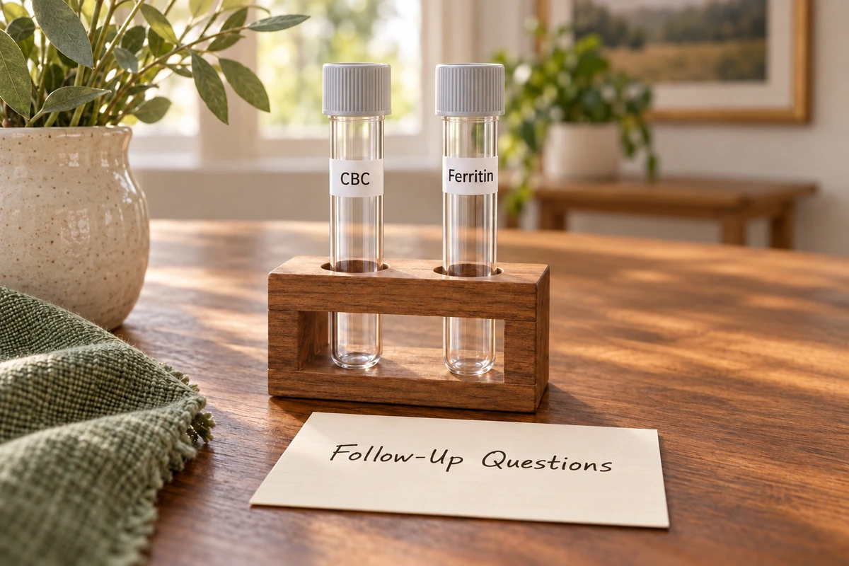 Two empty glass tubes labeled CBC and Ferritin in a wooden rack beside a blank Follow-Up Questions card.