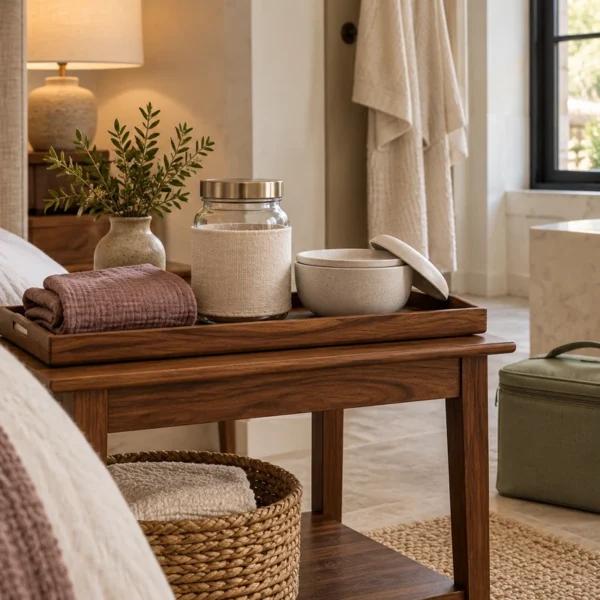 A private care station with a closed glass jar, lidded ceramic bowl, folded linen, and insulated carrier.