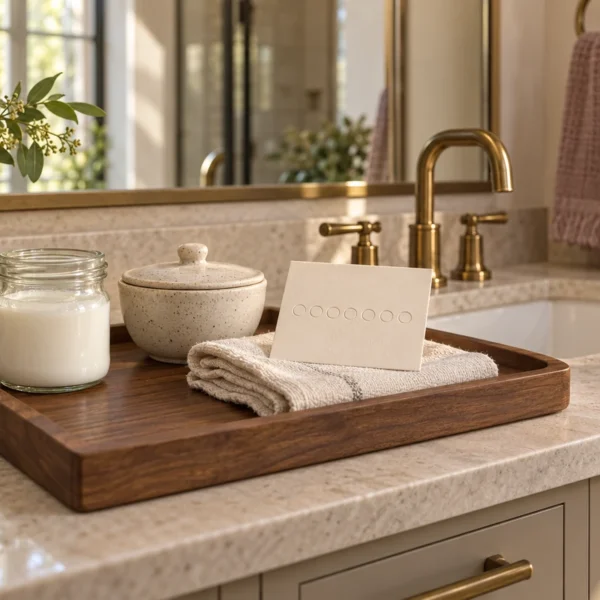 A closed glass jar of cultured liquid, lidded ceramic bowl, folded linen, and seven-dot routine card on the WFLI bathroom vanity.