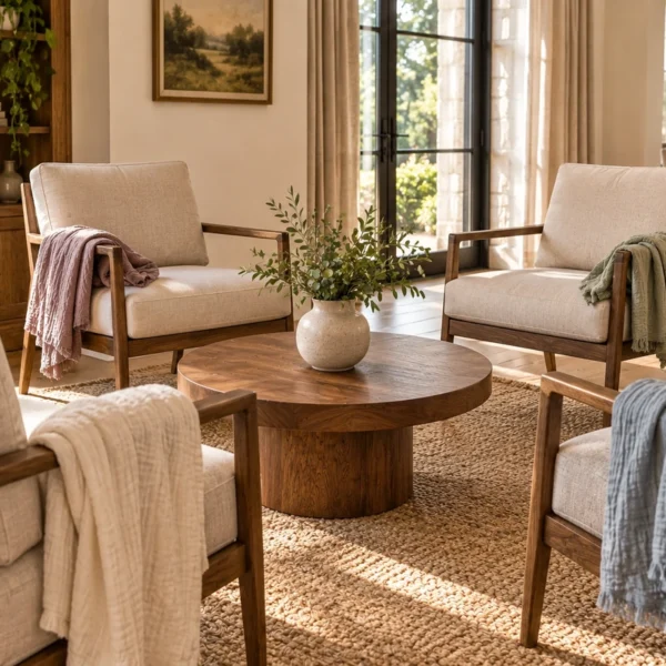Four warm chairs arranged in a support circle with coordinated muslin wraps in the WFLI home.