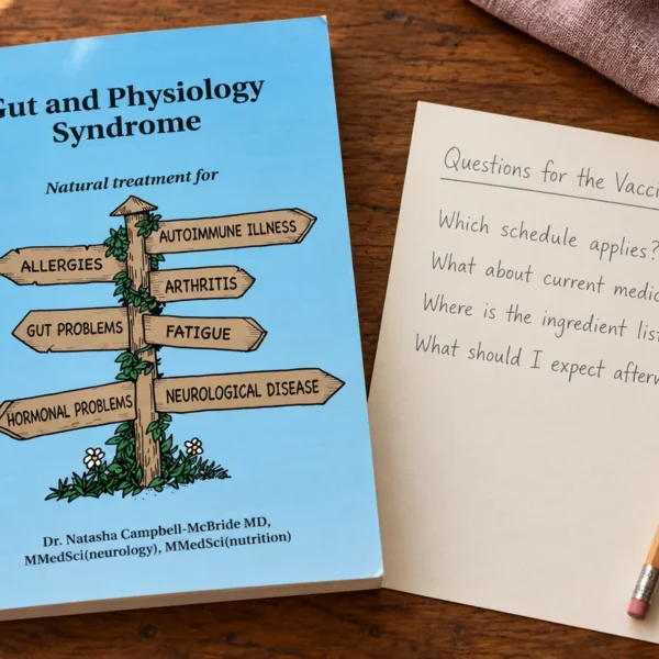 Gut and Physiology Syndrome beside illustrative appointment questions about vaccine schedules, medicines, ingredients and follow-up.
