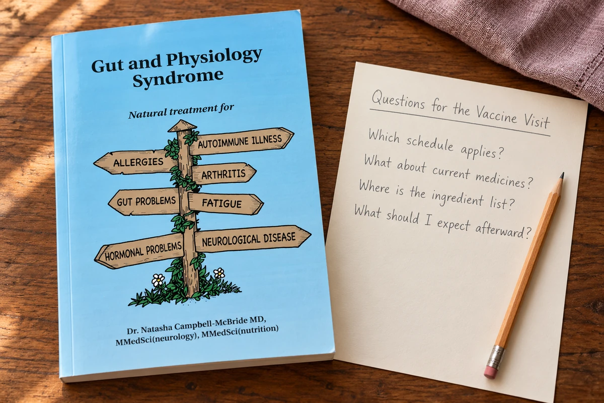 Gut and Physiology Syndrome beside illustrative appointment questions about vaccine schedules, medicines, ingredients and follow-up.