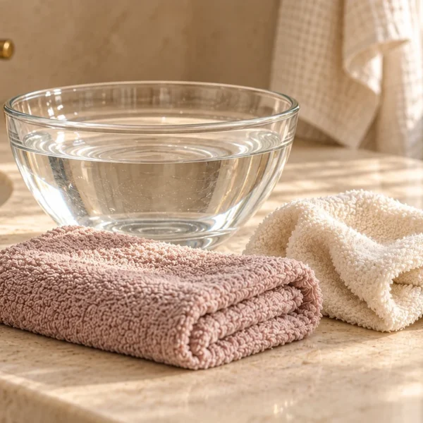 Clear bowl of water beside mauve and cream washcloths on a bathroom counter.