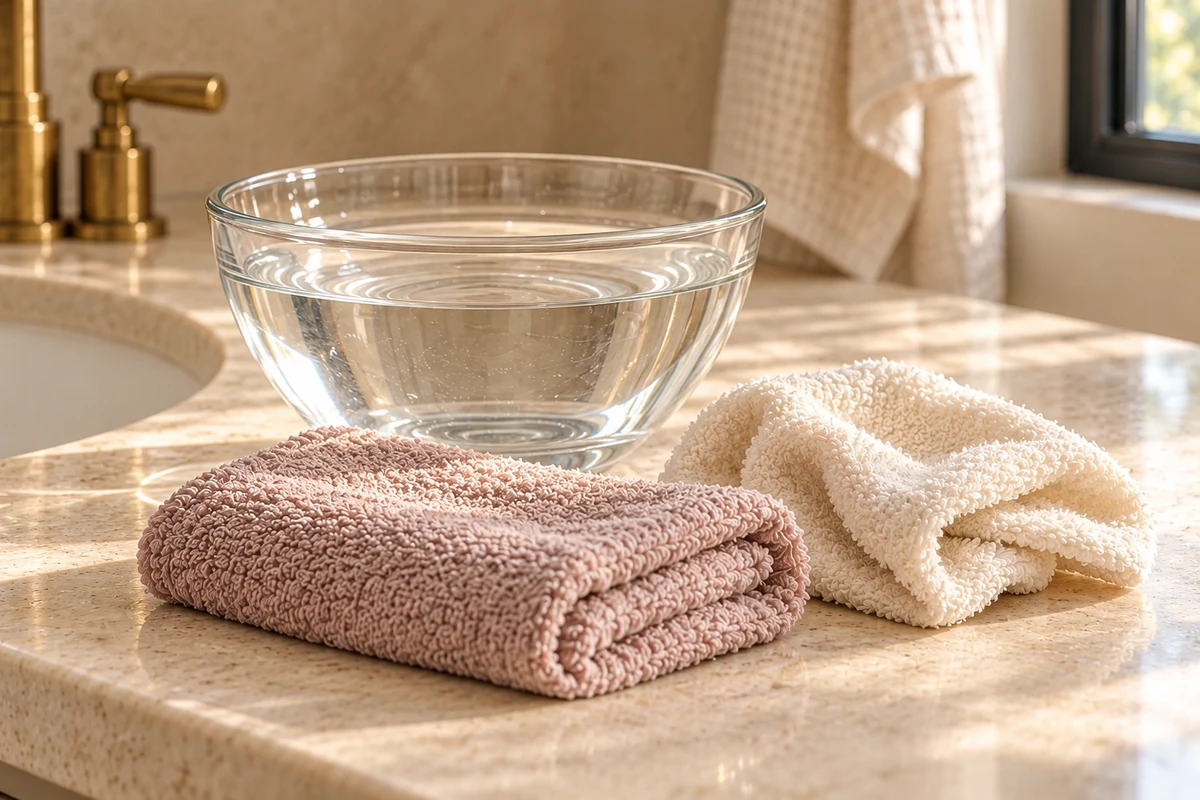 Clear bowl of water beside mauve and cream washcloths on a bathroom counter.