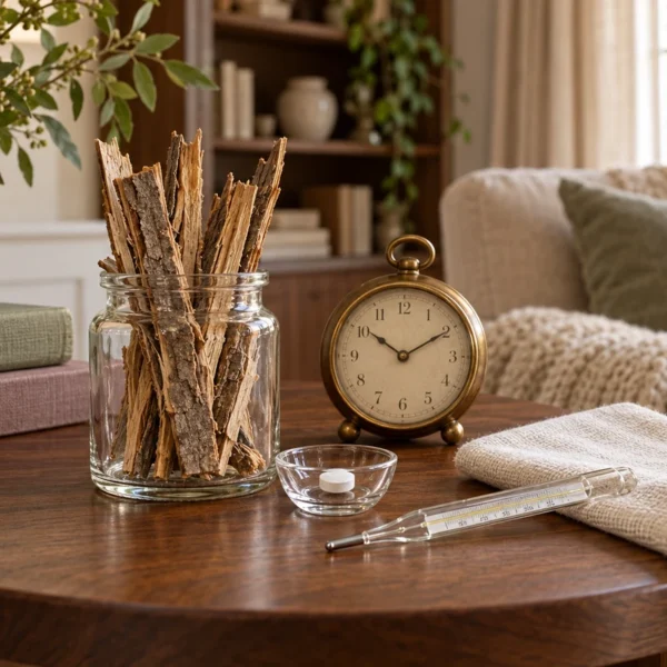 Willow-bark strips, one aspirin tablet, a glass thermometer, folded linen, and brass clock on a WFLI library table.