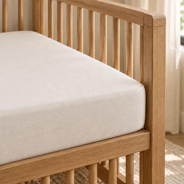 Firm crib mattress covered by a smooth fitted cream sheet in a wooden crib.
