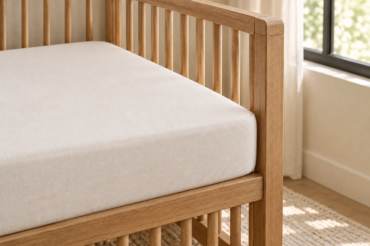 Firm crib mattress covered by a smooth fitted cream sheet in a wooden crib.