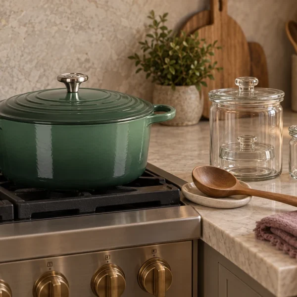 A lidded Artichaut stockpot beside closed fermentation jars and a folded nursing wrap in the WFLI kitchen.
