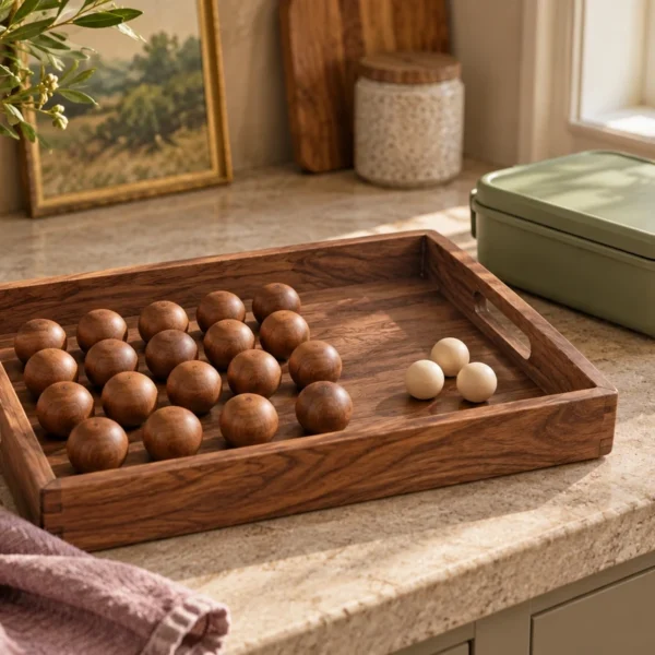 Seventeen warm wood markers grouped beside three pale markers and a closed meal carrier for the 85 percent savory guideline.