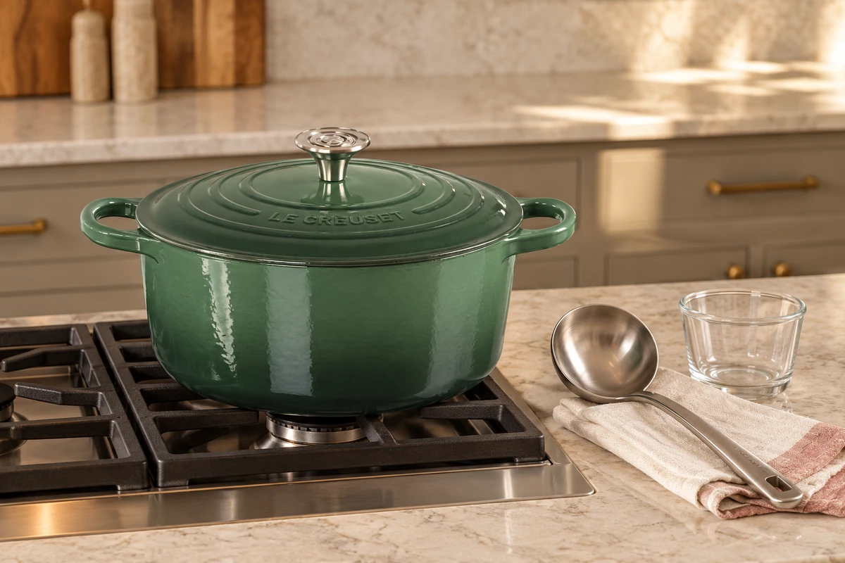 Closed Artichaut Dutch oven on an unlit stove beside a stainless ladle and empty glass cup.