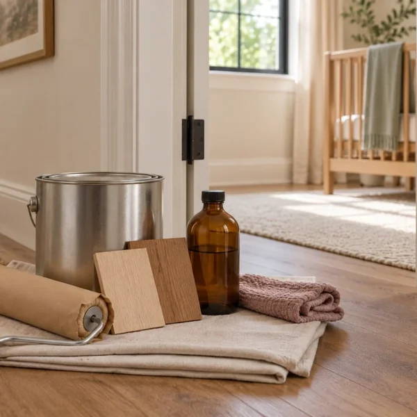 Closed paint can, wrapped roller, wood samples and capped amber bottle outside a nursery doorway.