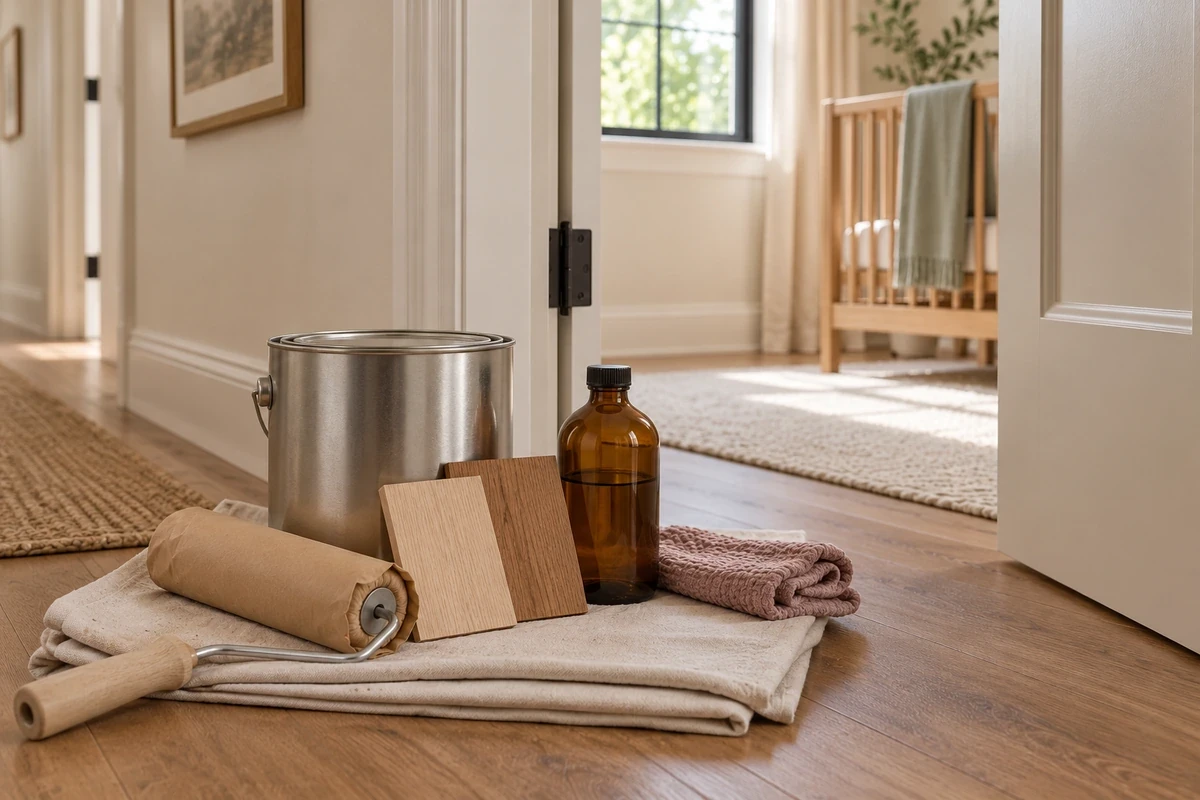 Closed paint can, wrapped roller, wood samples and capped amber bottle outside a nursery doorway.