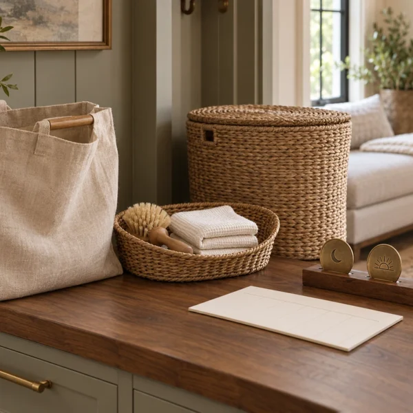 Laundry bags, folded linens, a resting bench, and day-and-night markers prepared for postpartum support.