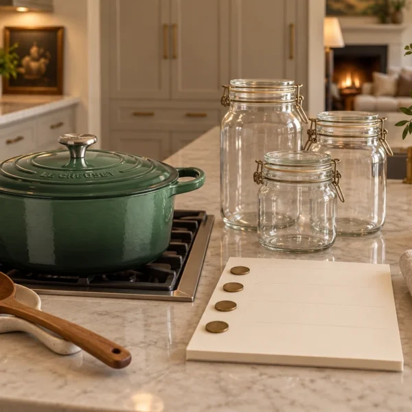 An Artichaut Dutch oven, closed fermentation jars, ladle, and blank weekly rhythm board in the WFLI kitchen.