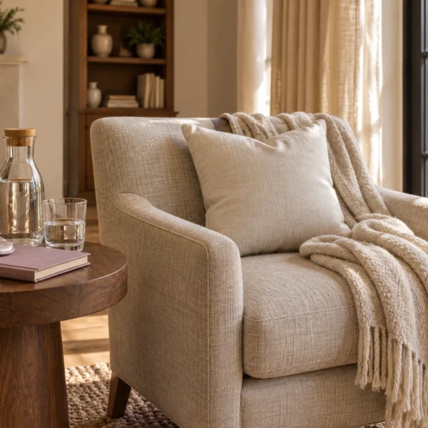 A bright resting chair with supportive pillow, cream blanket, sleep mask, water, and a closed journal.