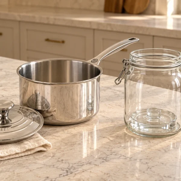 Empty stainless saucepan beside an open glass fermentation jar and glass weight.