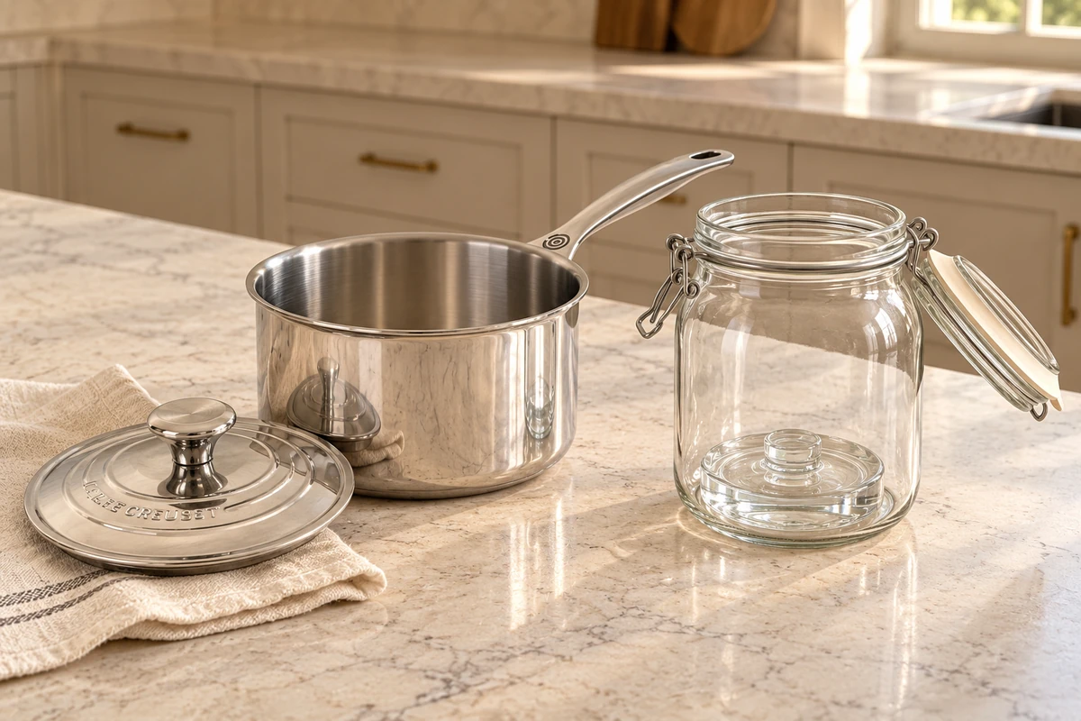 Empty stainless saucepan beside an open glass fermentation jar and glass weight.