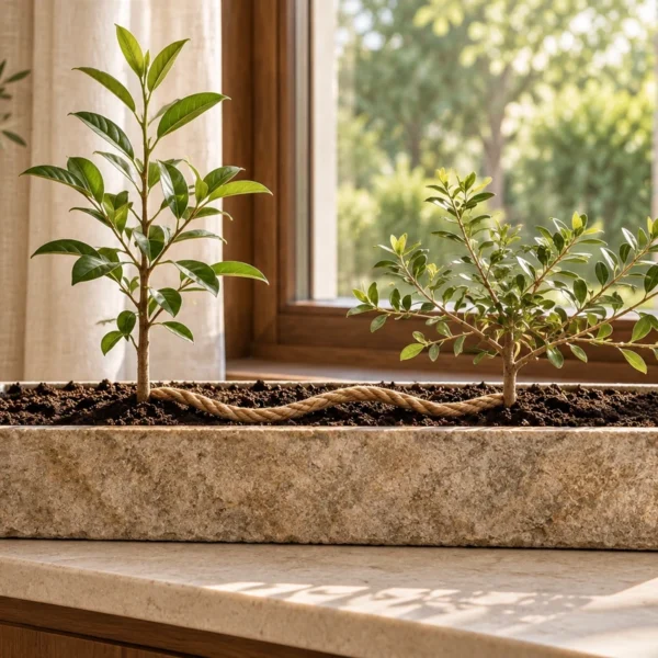 Two young saplings with different branching patterns growing from one shared planter beside a braided natural-fiber cord.