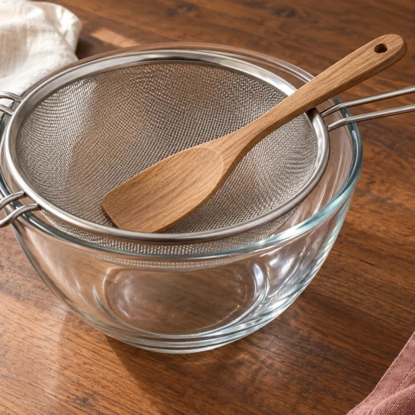 Empty stainless sieve supported over a glass bowl with a wooden spatula.
