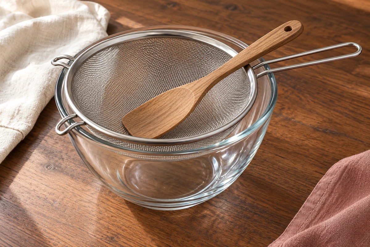 Empty stainless sieve supported over a glass bowl with a wooden spatula.