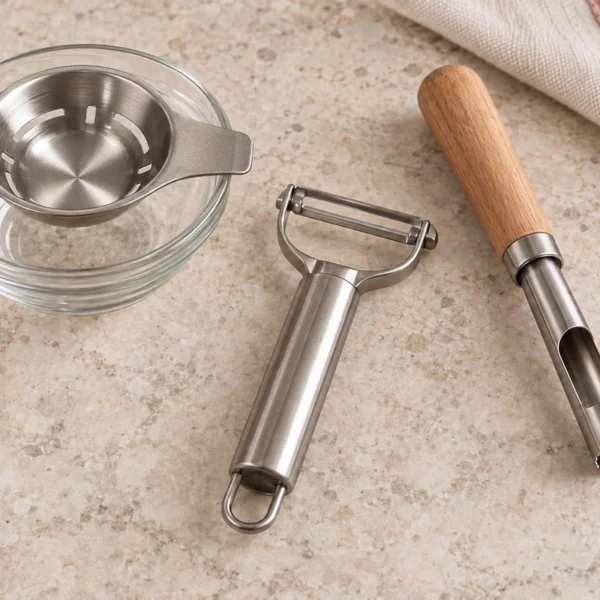 Empty stainless egg separator over a glass bowl beside a peeler and apple corer.