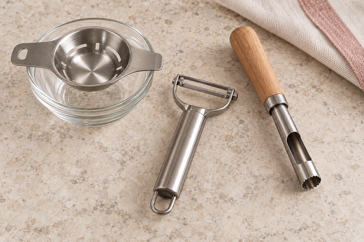 Empty stainless egg separator over a glass bowl beside a peeler and apple corer.