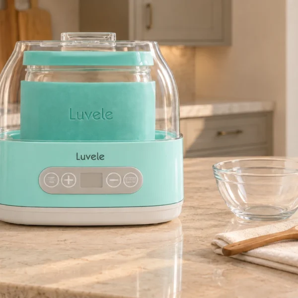 Luvele yogurt maker with its display off beside an empty glass bowl and wooden spoon.