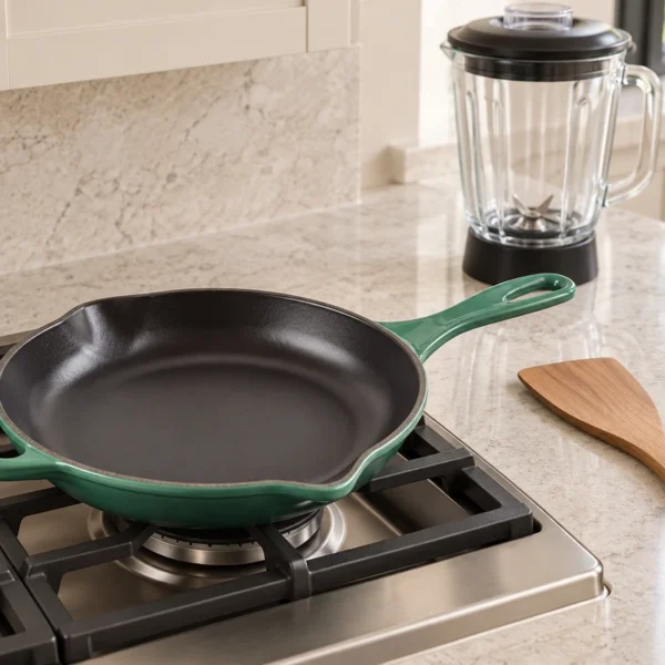 Empty Artichaut skillet on an unlit stove beside a wooden turner and empty glass blender jar.