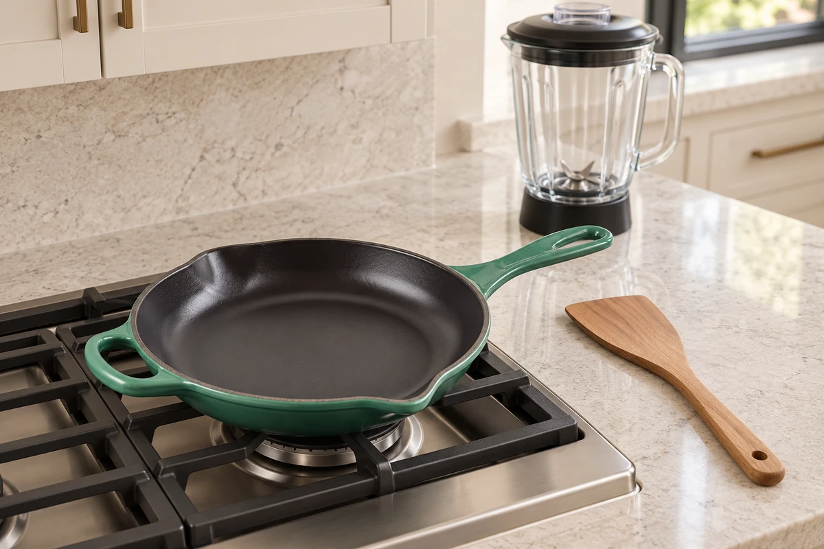 Empty Artichaut skillet on an unlit stove beside a wooden turner and empty glass blender jar.