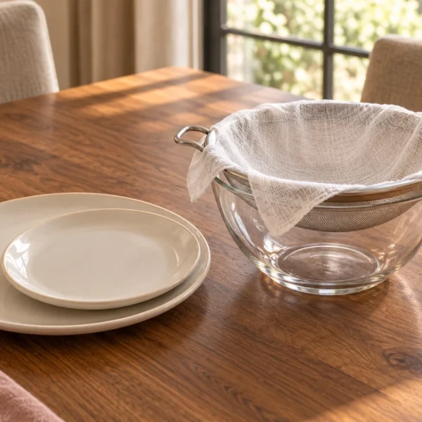 Empty cheesecloth-lined strainer over a glass bowl beside a small plate and larger dinner plate.