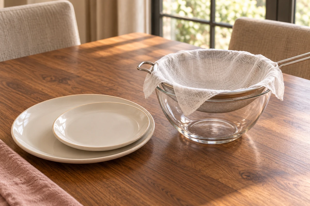 Empty cheesecloth-lined strainer over a glass bowl beside a small plate and larger dinner plate.