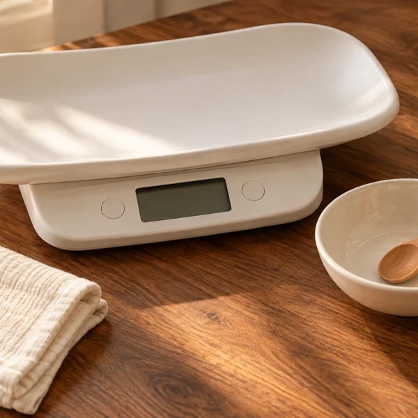 Empty infant weighing scale with its display off beside an empty baby bowl and wooden spoon.
