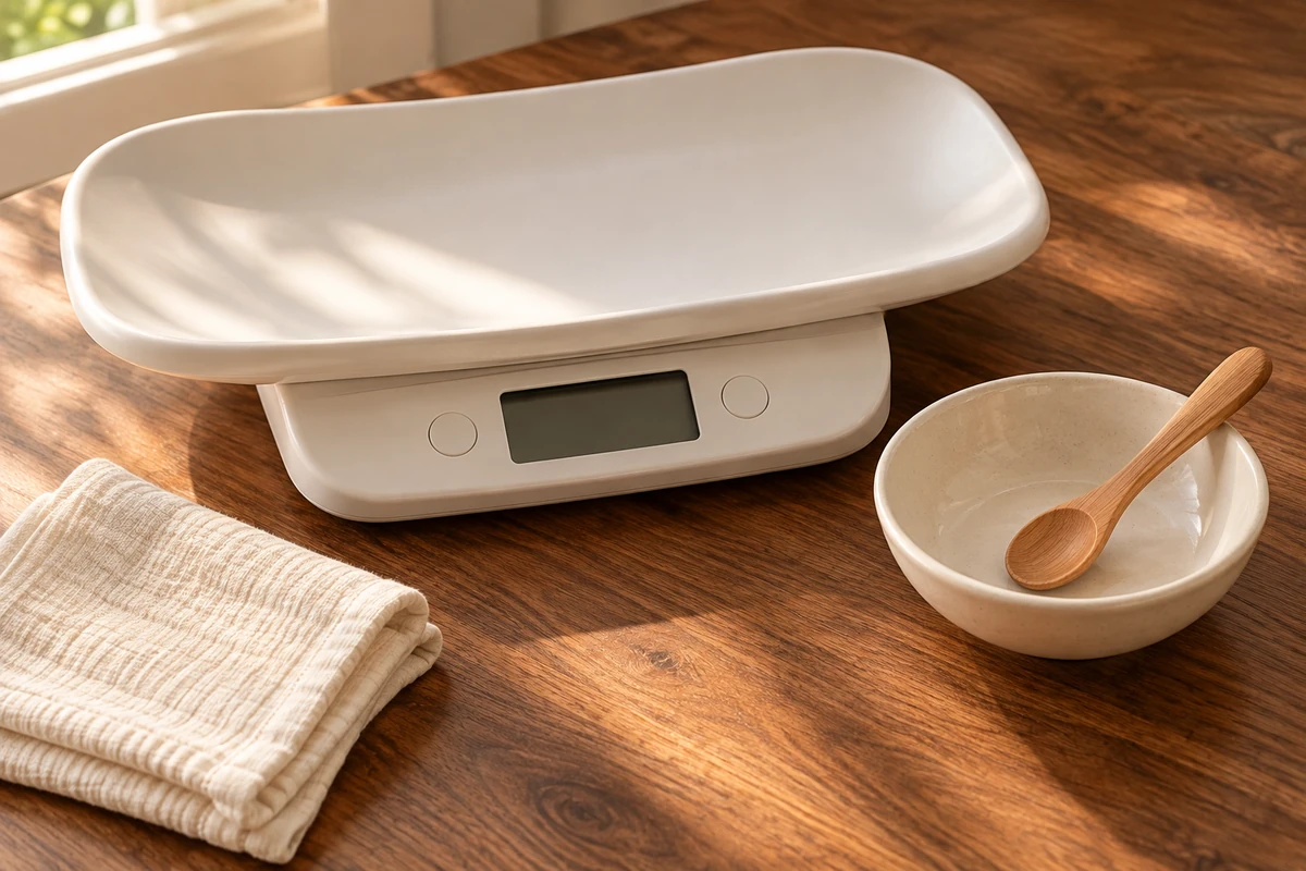 Empty infant weighing scale with its display off beside an empty baby bowl and wooden spoon.