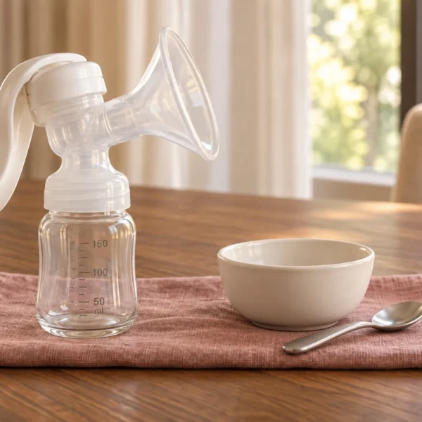 Manual breast pump with an empty glass bottle beside an empty ceramic bowl and stainless spoon.