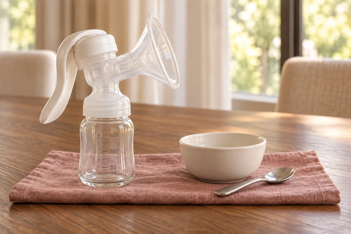 Manual breast pump with an empty glass bottle beside an empty ceramic bowl and stainless spoon.