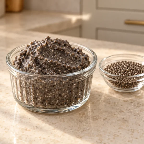 Small batch of thick fermented chia flour beside whole chia seeds