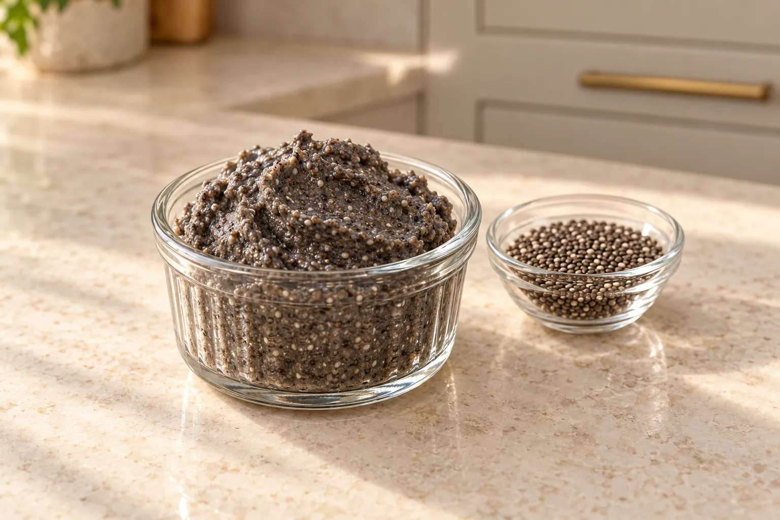 Small batch of thick fermented chia flour beside whole chia seeds