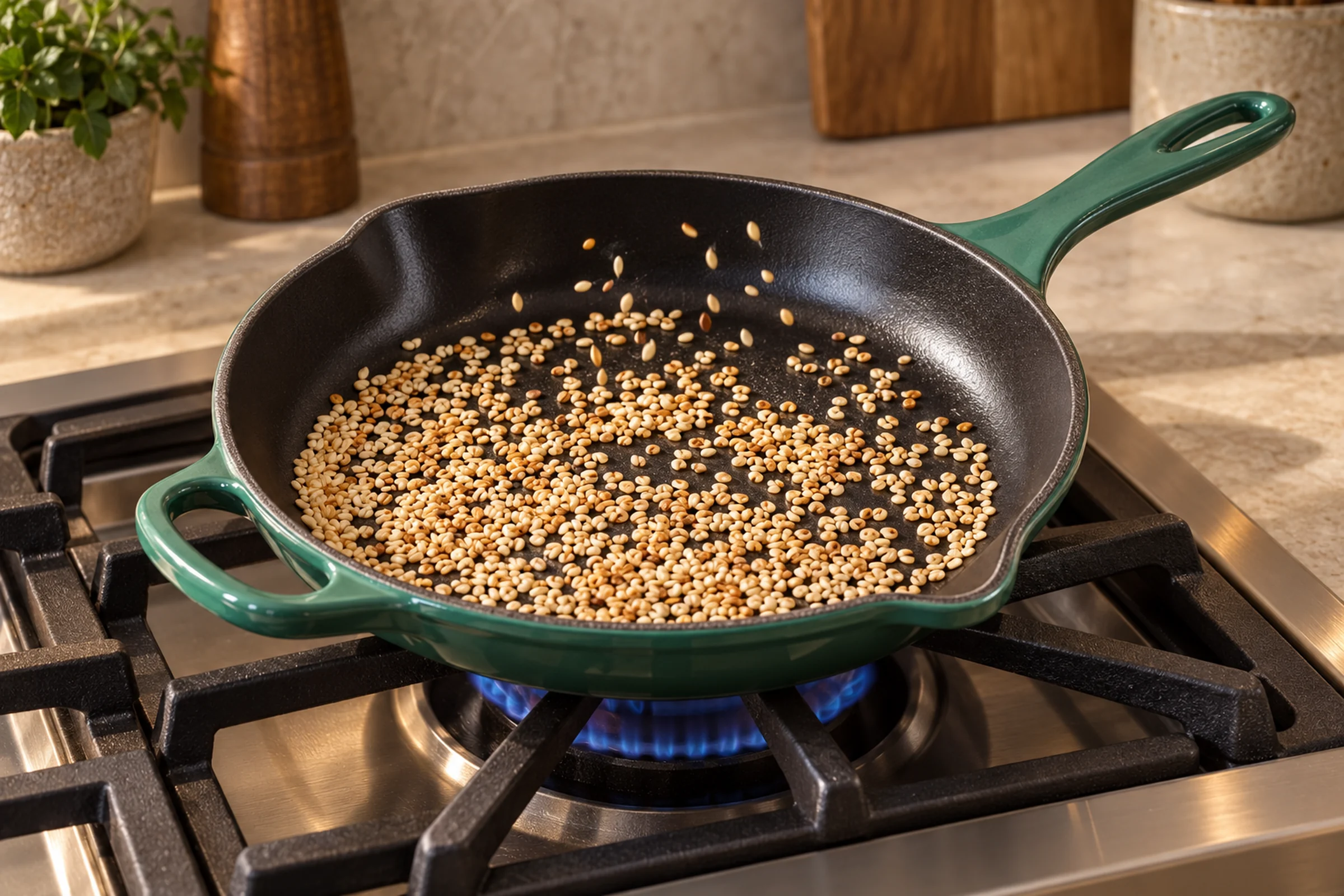 Prepared sesame seeds toasting in an Artichaut skillet