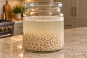 White navy beans fermenting under cloudy cultured water in glass