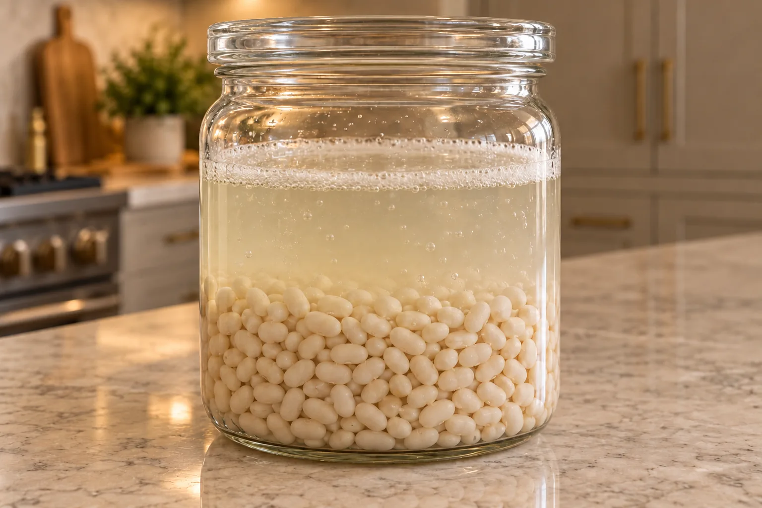 White navy beans fermenting under cloudy cultured water in glass