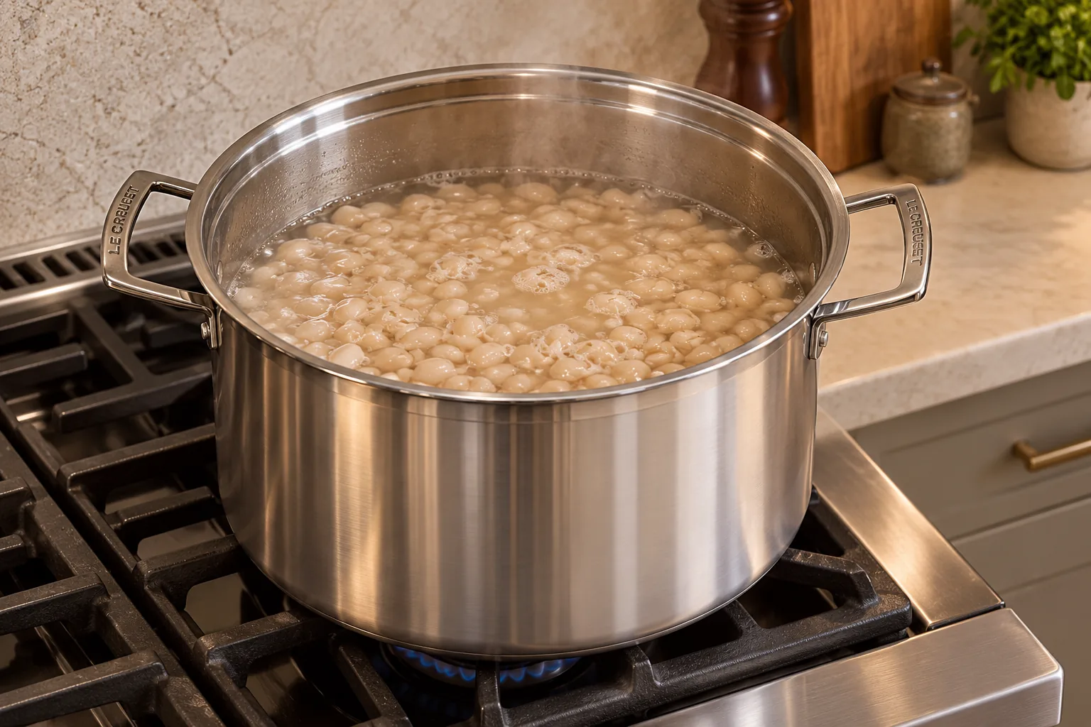 Small white navy beans simmering until completely soft in a Le Creuset stainless stockpot