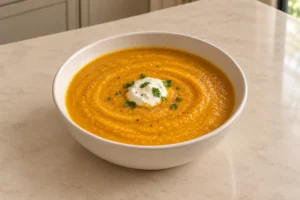 Full GAPS pumpkin ginger soup with chicken meat stock, homemade sour cream and chopped parsley in a ceramic bowl.
