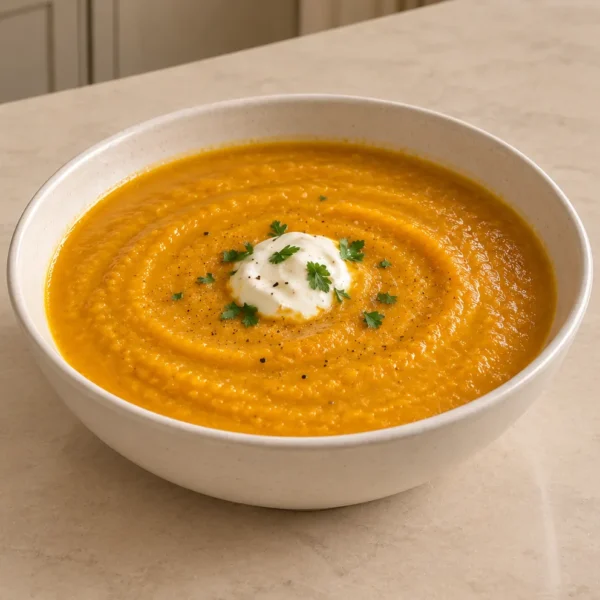 Full GAPS pumpkin ginger soup with chicken meat stock, homemade sour cream and chopped parsley in a ceramic bowl.