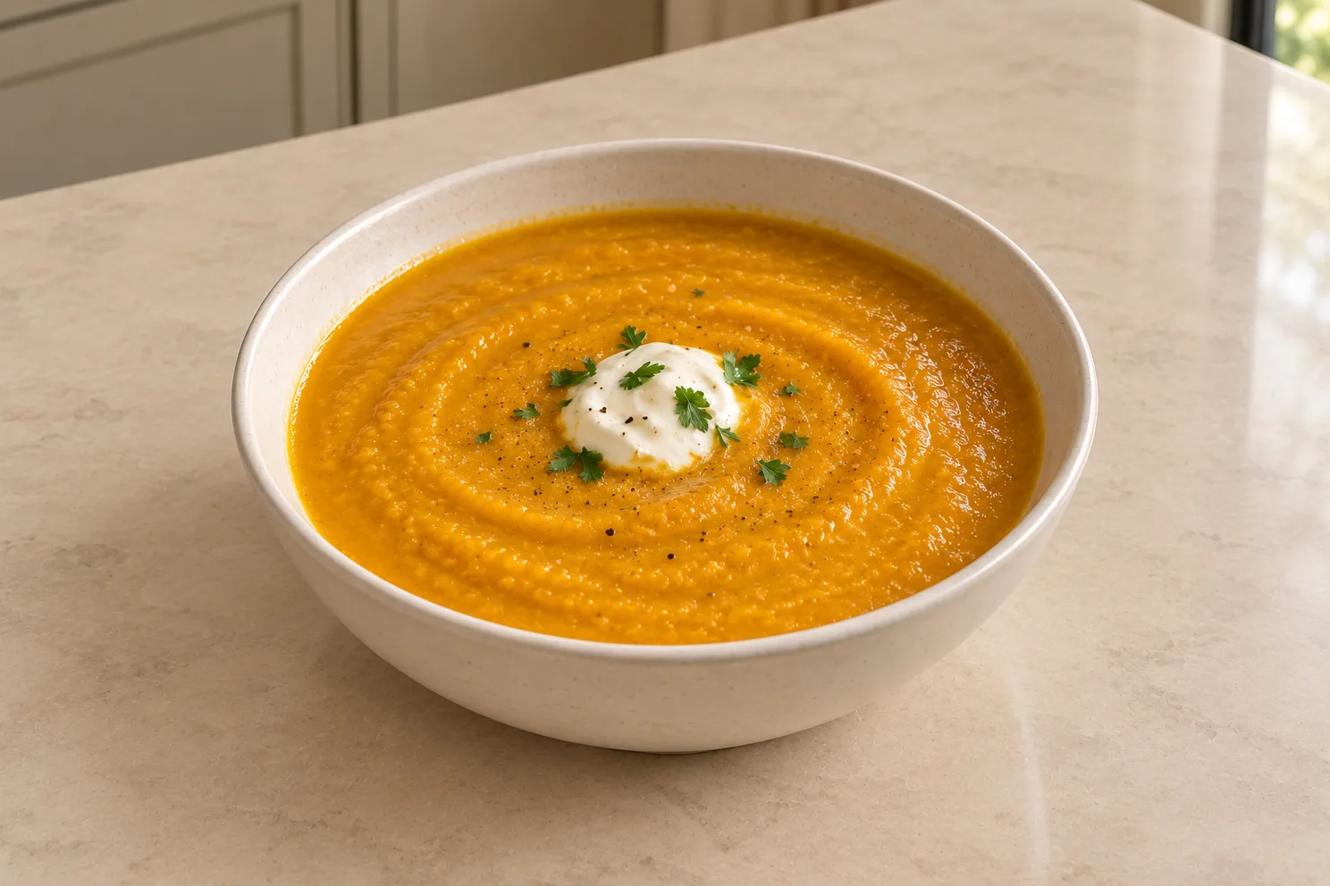 Full GAPS pumpkin ginger soup with chicken meat stock, homemade sour cream and chopped parsley in a ceramic bowl.