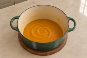 Blended Full GAPS pumpkin ginger soup returned to the Artichaut pot before reheating and adding toppings.