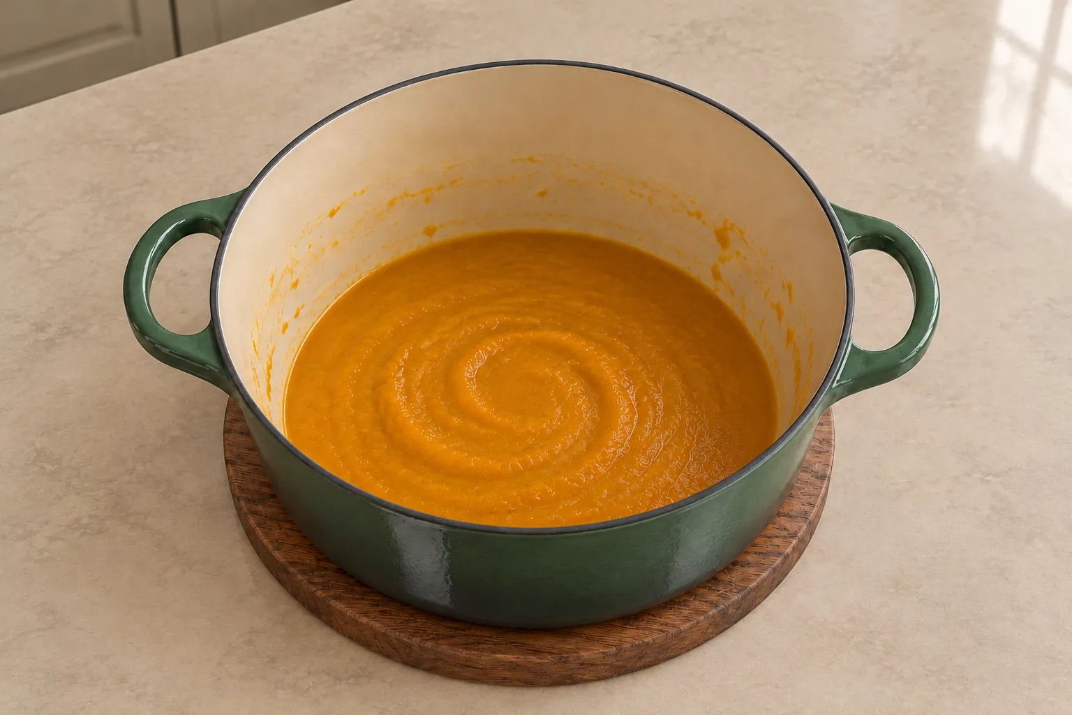Blended Full GAPS pumpkin ginger soup returned to the Artichaut pot before reheating and adding toppings.
